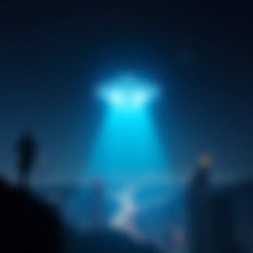 A bright UFO hovering in a night sky over a city, highlighting the curiosity about alien existence.