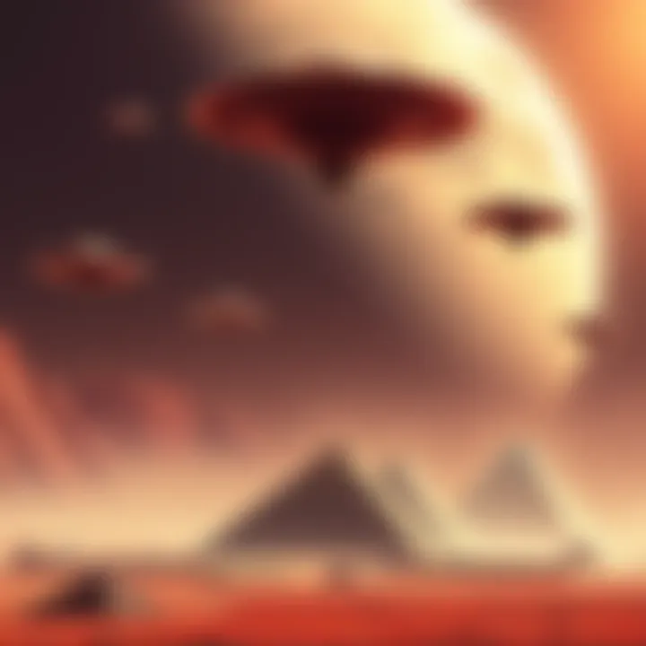 Alien Life and Government Secrets An artistic representation of ancient Martian structures and UFOs hovering near pyramids, symbolizing the search for extraterrestrial life and government interest.