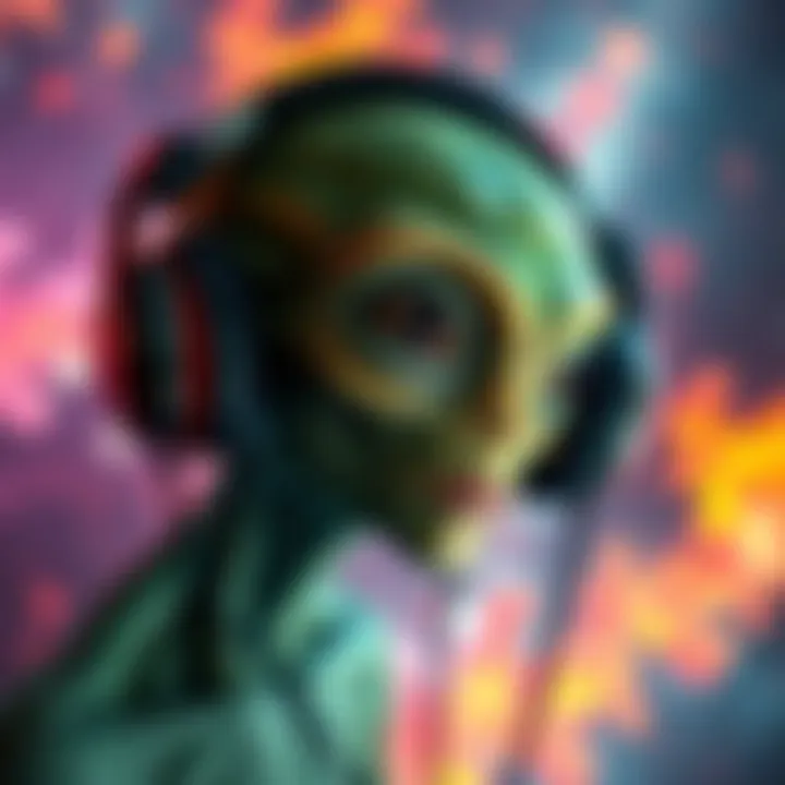 An alien wearing headphones, enjoying music in a colorful, abstract space setting.