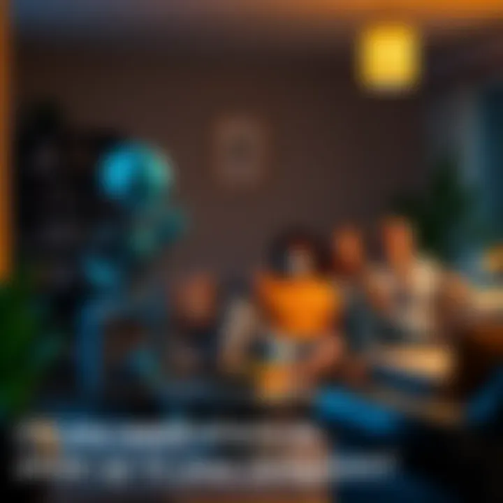 Alien in Living Room A friendly-looking alien sits on a couch in a cozy living room, surrounded by plants and books, gazing curiously at a group of people who look surprised and excited.