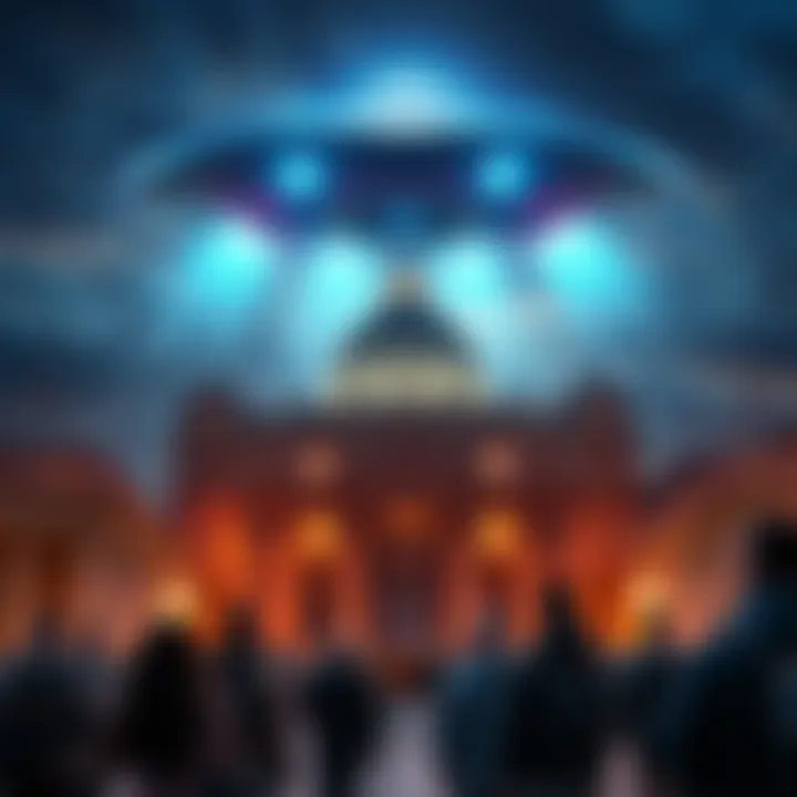 A giant alien mothership hovers ominously over the Vatican while people look up in awe and confusion.