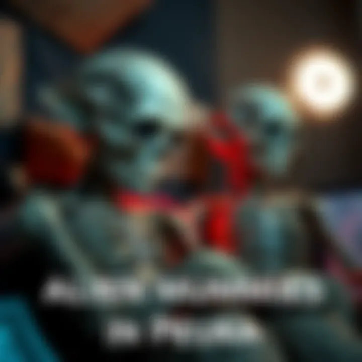 Two alien mummies displayed in a documentary setting, showcasing their unique features and the surrounding investigation materials.