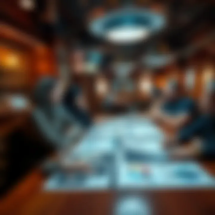 A group of people discussing alien mythology in a café, with charts and UFO images on a table, highlighting public perception.