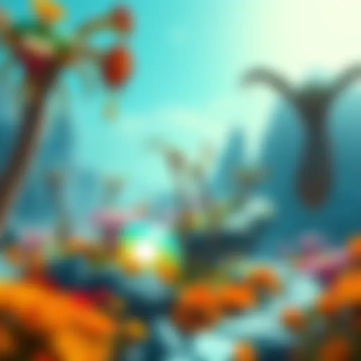 Alien Nursery in Blue Basin Illustration of a bright, glowing alien nursery surrounded by unusual plants and structures in Blue Basin