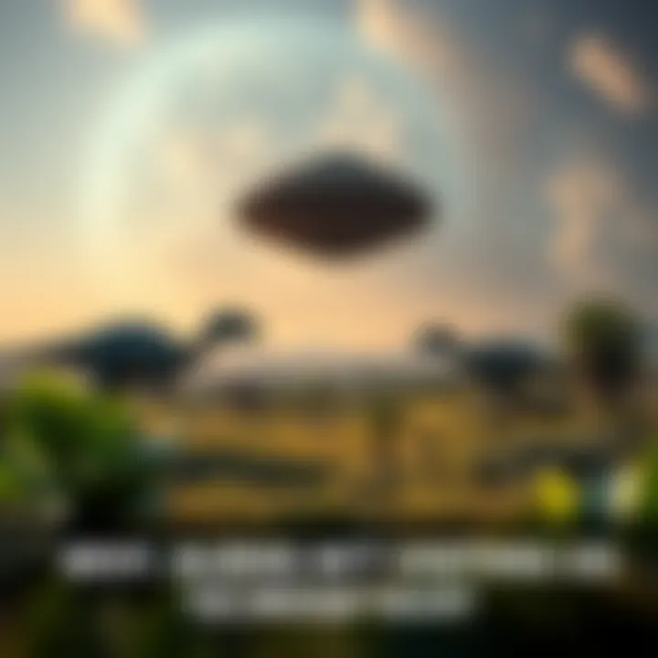 An imagined scene of aliens observing Earth, depicting a view of prehistoric dinosaurs in a lush landscape, with a spaceship hovering above.