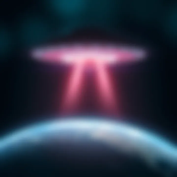 A UFO hovering in the night sky, with bright lights shining down on Earth, symbolizing alien observation of humanity.