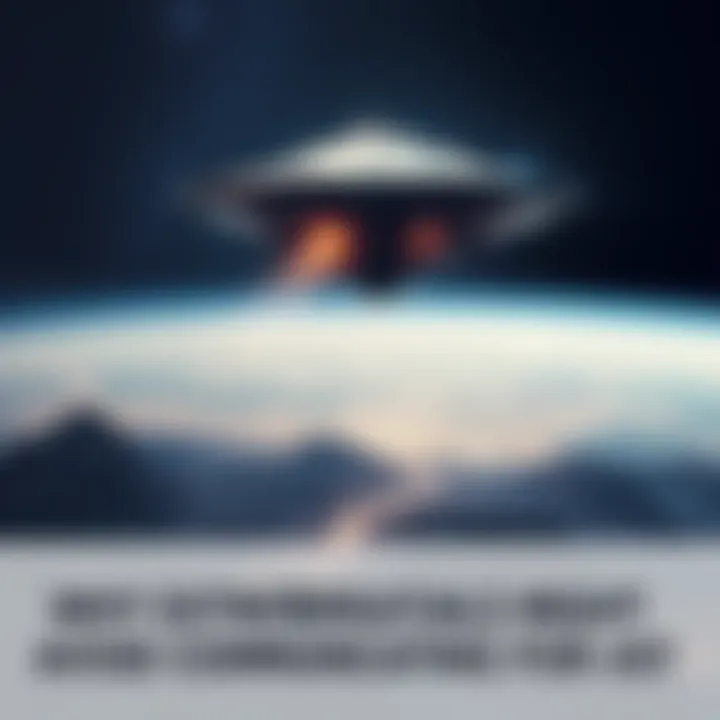 A representation of an alien spacecraft hovering above Earth, observing from a distance, with a view of city lights and mountains below.