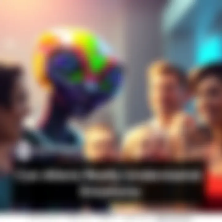 A colorful alien figure with a curious expression, watching a group of humans showing various emotions like happiness, sadness, and anger.