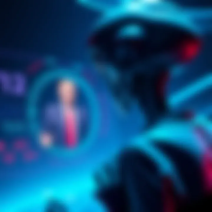 An alien figure looking at a holographic display of Donald Trump's leadership in 2025.