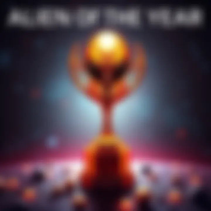 A shining trophy representing the Alien of the Year, surrounded by stars and galaxies, reflecting its significance in popular culture.