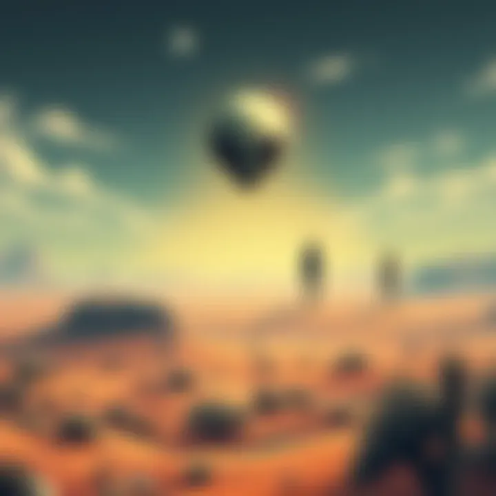 An illustration of a classic alien figure above a desert landscape, representing the Roswell scene.
