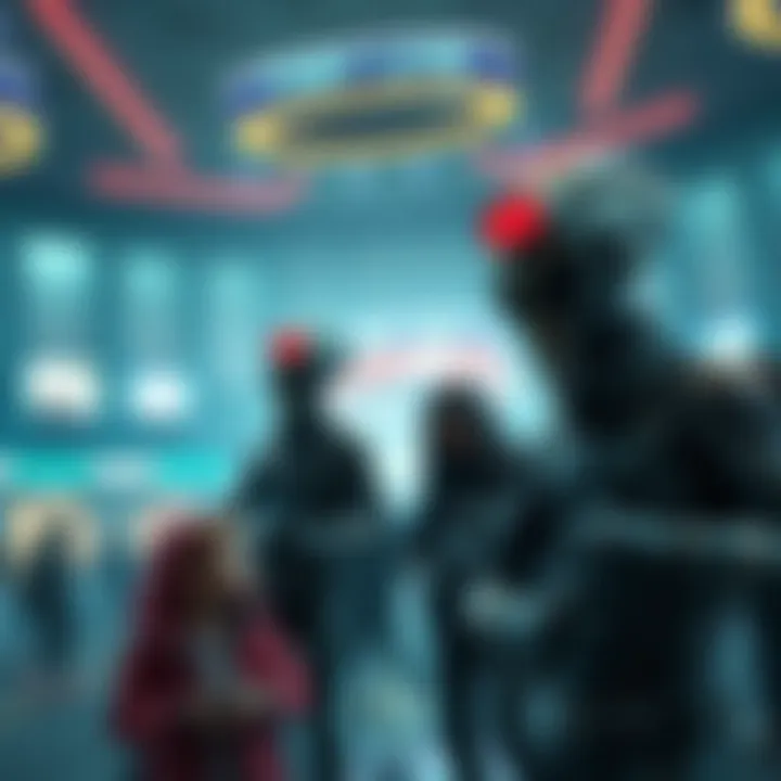 Alien overlords in futuristic attire with families in a sci-fi setting from They Live movie