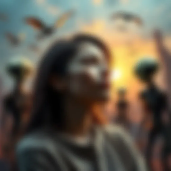 A person dreamily recalls being a pet to an alien race, with imaginative alien figures in the background and a sense of nostalgia.