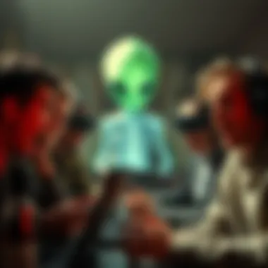 A controversial alien photo from 4chan with shocked people reacting online, some expressing disbelief while others are outraged, capturing the moment of the site's shutdown.