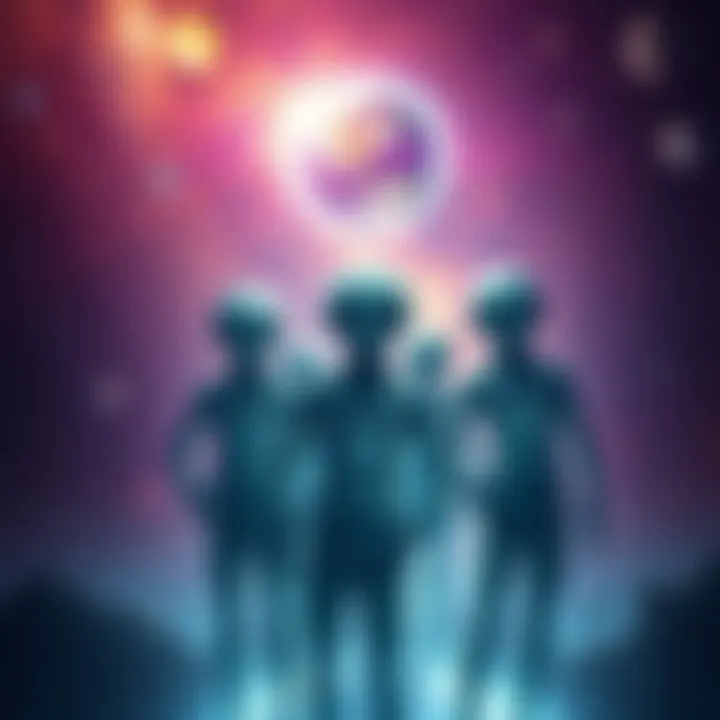 Alien Beings in a Cosmic Prison Illustration of alien figures resembling Greys and Nordics trapped in a starry universe, surrounded by a force field.