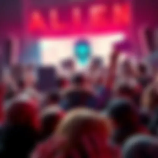 A crowd of people reacting with shock and anger to a news announcement about aliens, with protest signs and mixed expressions of confusion and outrage.