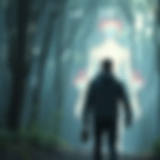 A person standing in a forest, looking surprised as a shimmering figure transforms in front of them, suggesting an alien shapeshifter.