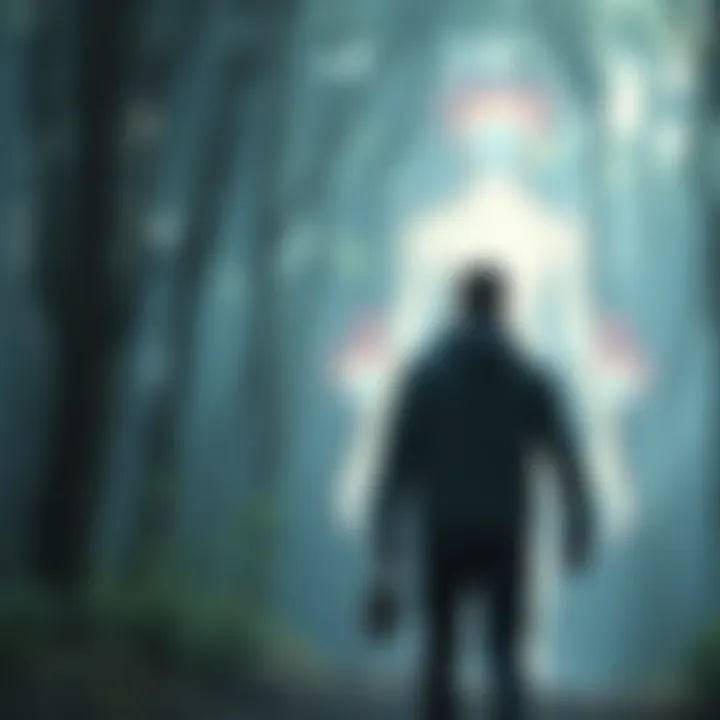 Alien Shapeshifter Encounter A person standing in a forest, looking surprised as a shimmering figure transforms in front of them, suggesting an alien shapeshifter.