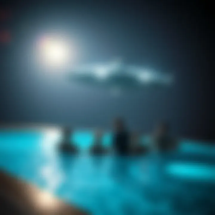 Alien Ship Above a Pool A bright alien ship hovers over a shimmering pool at night, surrounded by worried friends looking up in awe.