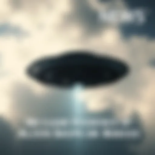 A blurry silhouette of an alien ship flying in a cloudy sky, with a light beam shining down.