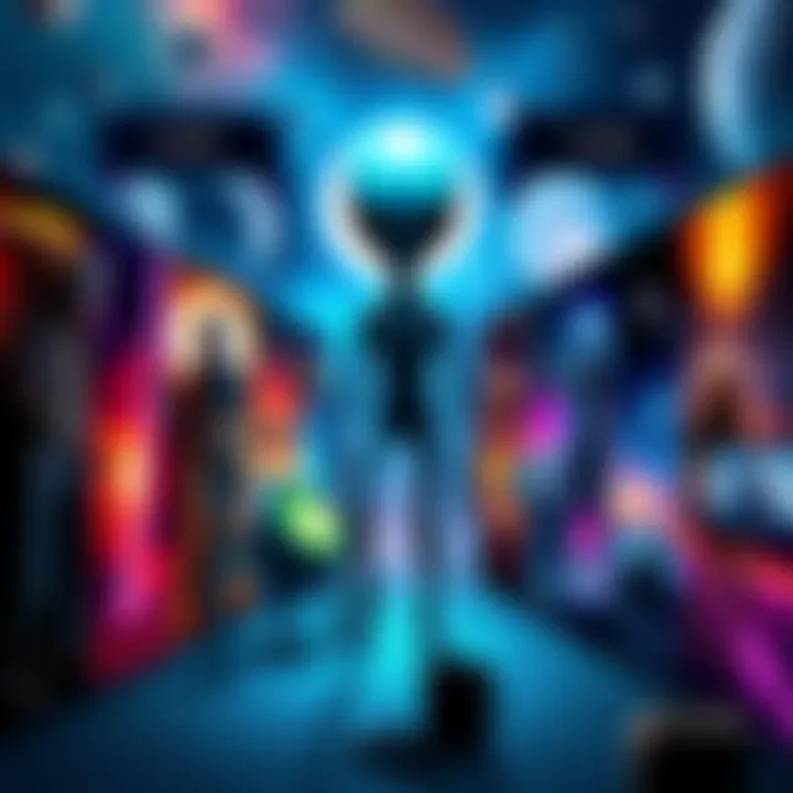 A collection of vibrant posters featuring various alien characters and space scenes from popular TV shows