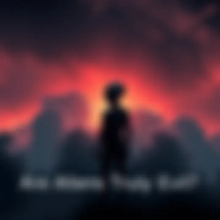 A shadowy figure of an alien against a backdrop of dark swirling clouds, symbolizing fear and speculation about extraterrestrial beings