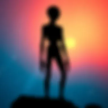 A dark outline of an alien figure against a starry night sky, hinting at extraterrestrial life sightings.