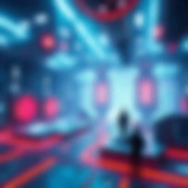 Alien Simulation Concept A scene depicting a futuristic environment with surreal elements, representing a digital world created by advanced aliens, blending technology and reality.