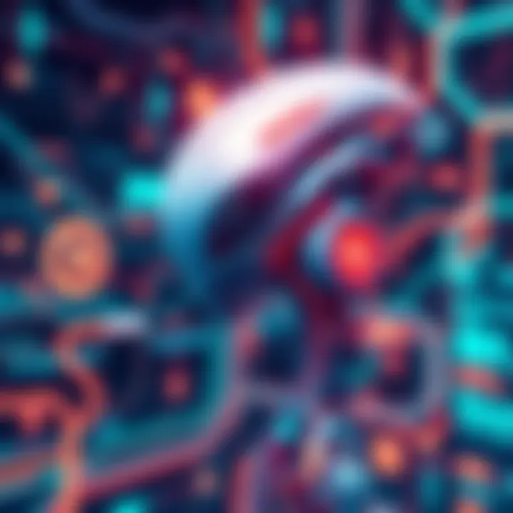 A surreal representation of an alien interfacing with a complex digital simulation, surrounded by glowing data streams and abstract graphics.