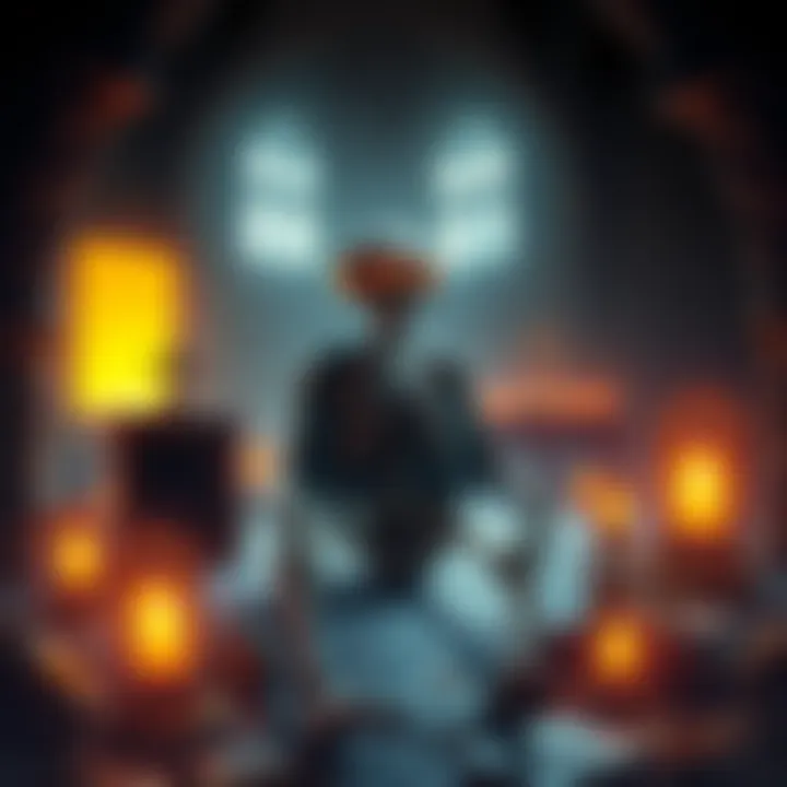 An illustration showing an alien skeleton with unusual features uncovered beneath a church floor, surrounded by ancient artifacts and glowing portals.