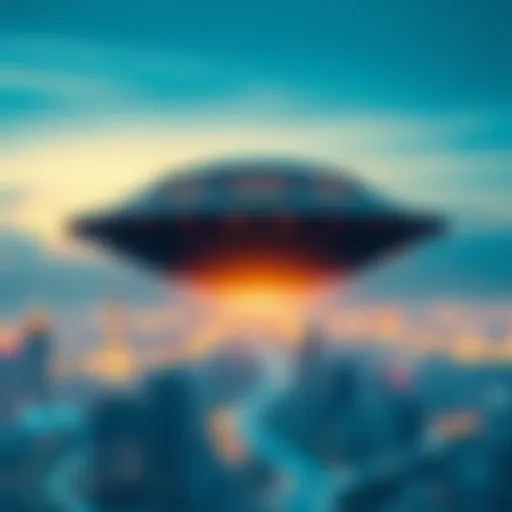A futuristic alien spacecraft hovers above a city skyline, symbolizing potential intervention in human technological challenges, with a glow illuminating the scene.