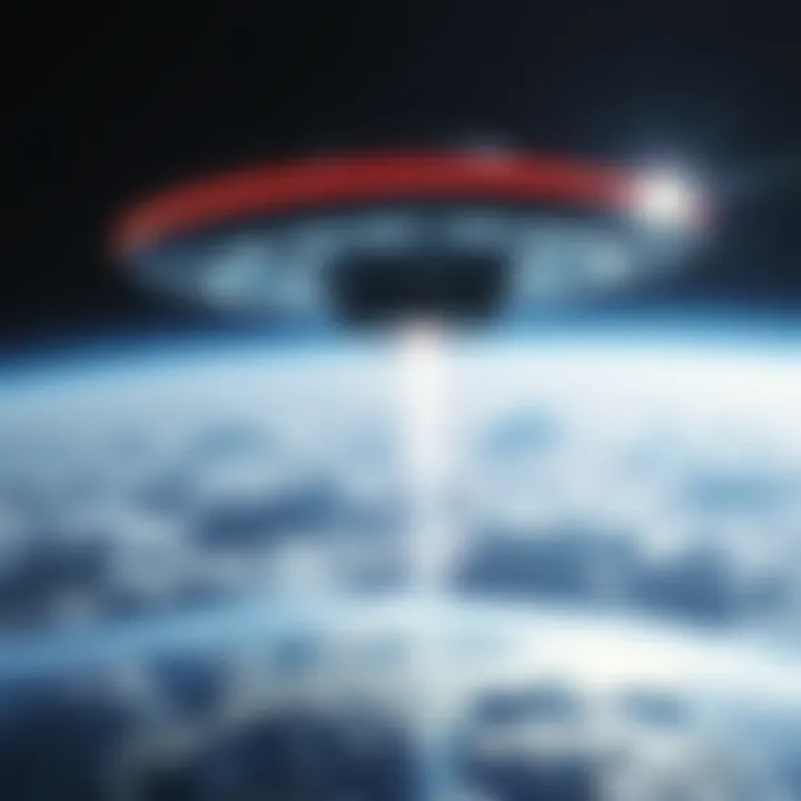 A UFO hovering above Earth with a bright light beam shining down, symbolizing alien visitation.