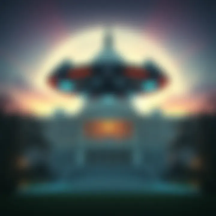 A futuristic alien spacecraft floating above a government building, suggesting advanced technology and time travel possibilities