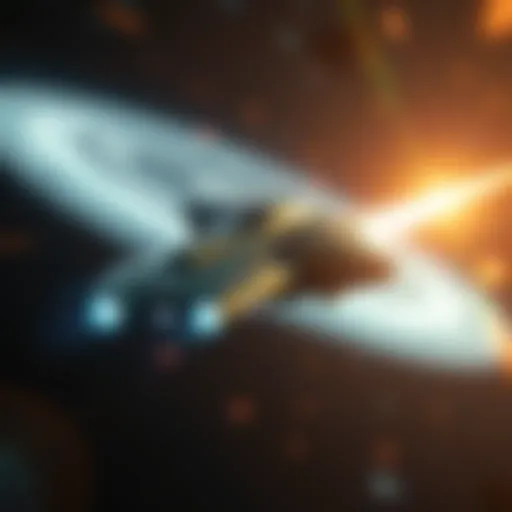 A futuristic spaceship resembling a craft from the Andromeda Galaxy traveling through space at high speed