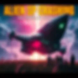 A humorous scene of an alien spaceship crashing into a field, with curious onlookers watching.