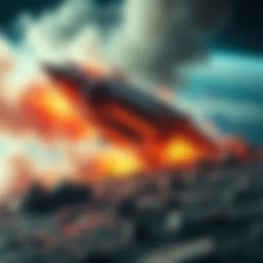 A glowing alien spaceship in the process of crashing on Earth, surrounded by smoke and debris.