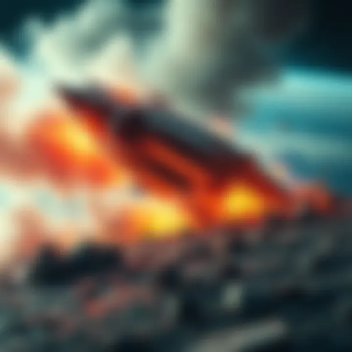 A glowing alien spaceship in the process of crashing on Earth, surrounded by smoke and debris.