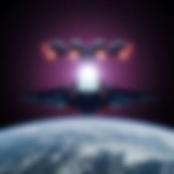 A spaceship hovering above Earth, with a bright light shining down, indicating an alien search for humanity.