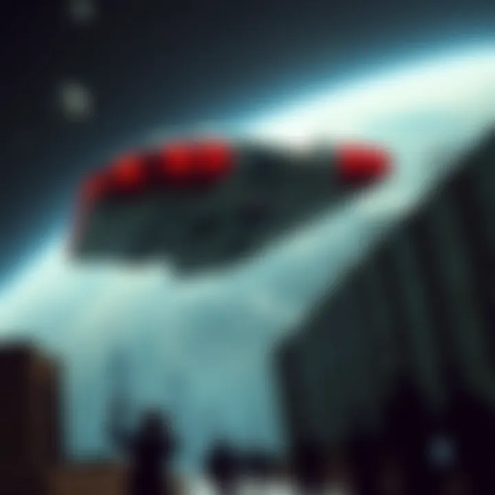 A large alien spaceship hovers over a city, casting a shadow on the buildings, with people looking up in awe and fear.