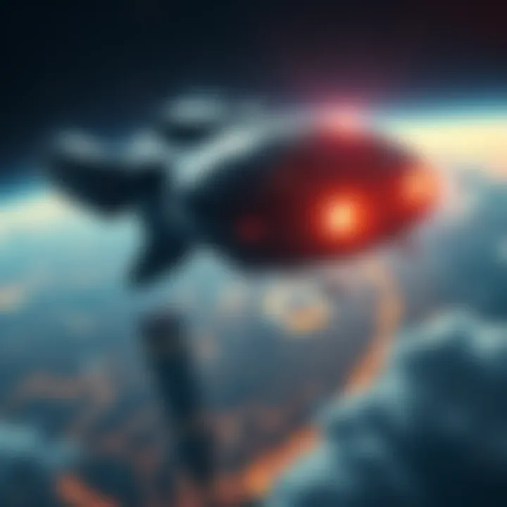 A large, advanced alien spaceship hovers over a city, casting a shadow and displaying bright lights.