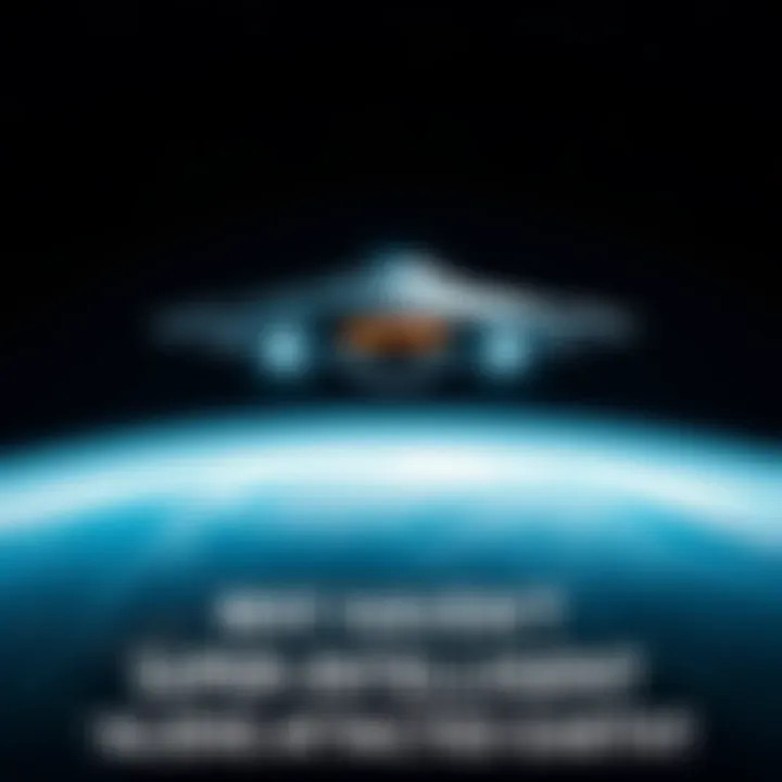 A sleek, futuristic spaceship hovers above Earth, showcasing a bright blue planet surrounded by stars in a dark sky.