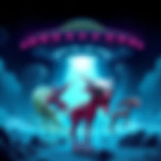 A colorful illustration showing four different alien species recovered from UFOs, each unique in appearance, with a backdrop of a crashed UFO.