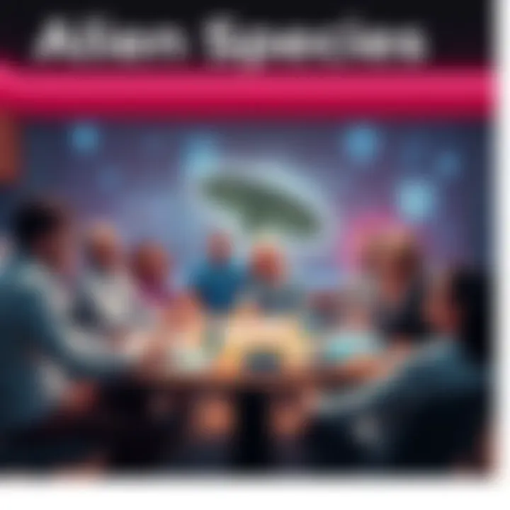 A group of people gathered around a table, discussing theories about alien species like reptilians, greys, and nordics, with charts and images on display.