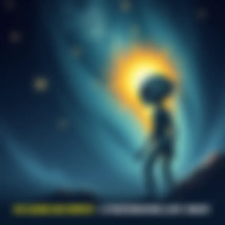 Alien and Spirit Encounter An illustration of an alien observing a glowing spirit in a night sky filled with stars.