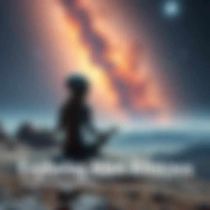 An alien figure sitting in a meditative pose on a rocky surface, gazing at a distant galaxy with colorful stars and nebulae in the sky, symbolizing spirituality and belief systems