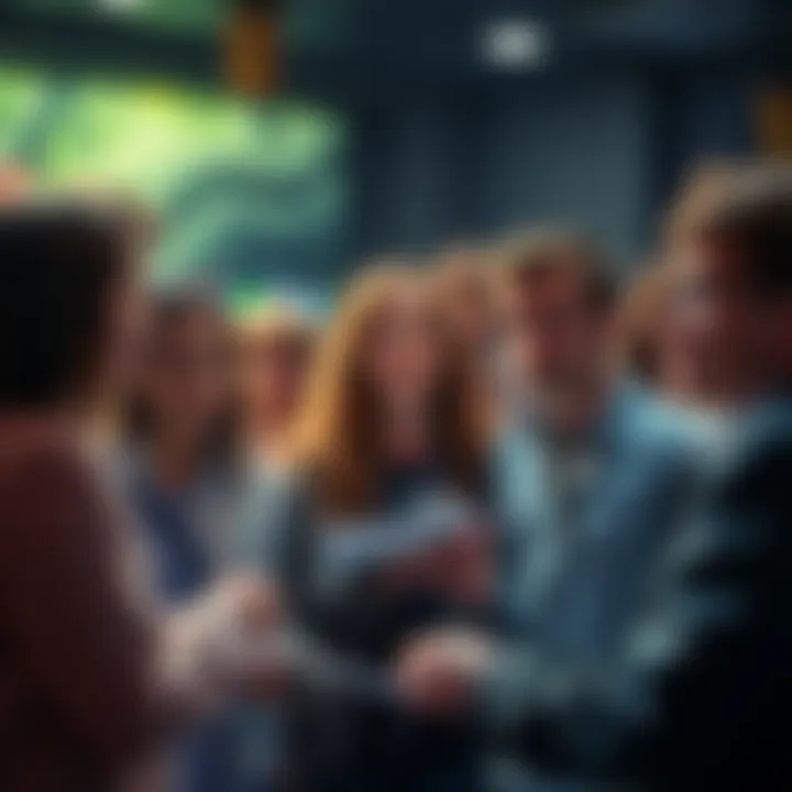 A group of people engaging in a forum discussion about alien summoning scripts, with curious expressions and notes in hand.