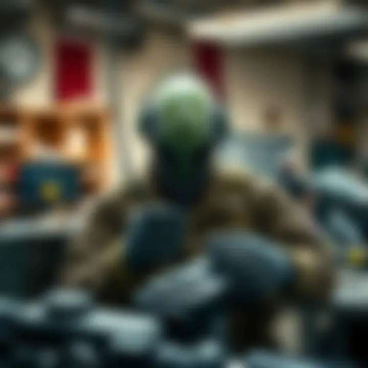 Alien technology and military equipment A military personnel examines a futuristic piece of alien technology with military gear in a workshop setting