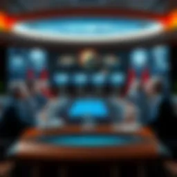 Leaders from different countries gather around a table, discussing an alien threat while maps and spacecraft images are displayed on screens.