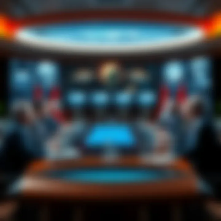 Alien Threat Unifies Governments Leaders from different countries gather around a table, discussing an alien threat while maps and spacecraft images are displayed on screens.