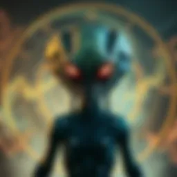 A fierce alien with glowing eyes stands in front of a swirling time portal, ready for an adventure across different worlds.